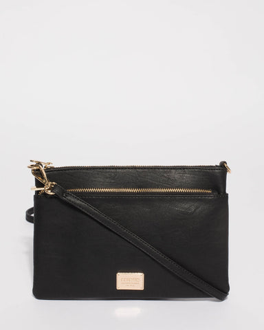 Black Demi Double Crossbody Bag With Gold Hardware