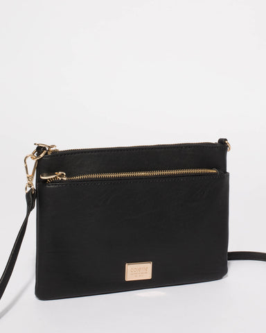 Black Demi Double Crossbody Bag With Gold Hardware