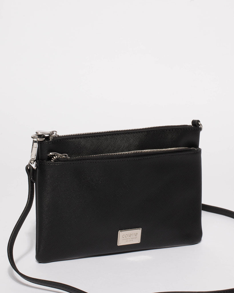 Black Demi Double Crossbody Bag With Silver Hardware