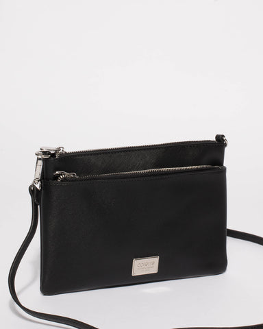 Black Demi Double Crossbody Bag With Silver Hardware