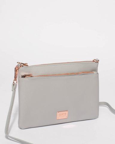 Grey Demi Double Crossbody Bag With Rose Gold Hardware