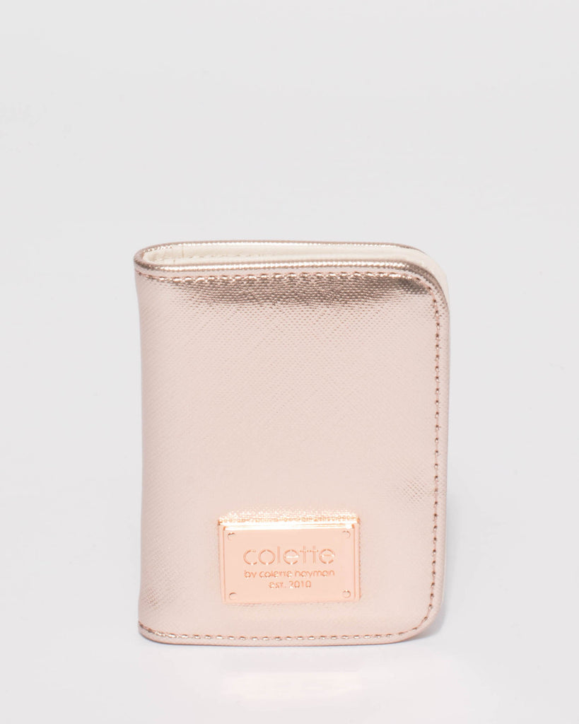 Rose Gold Saffiano Credit Card Purse With Rose Gold Hardware