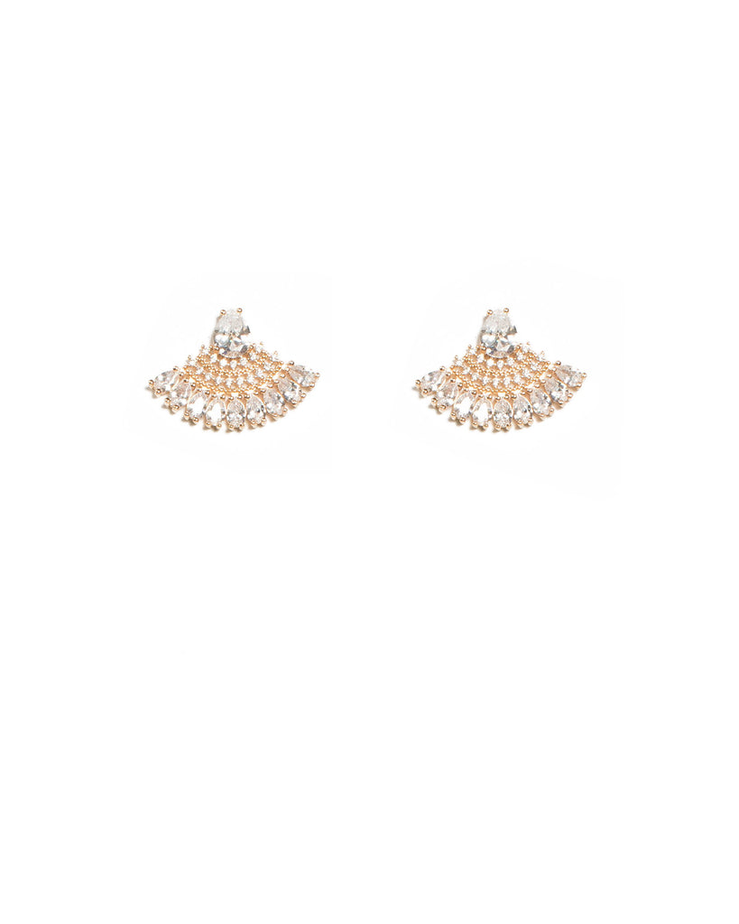 Crystal Gold Tone Diamante Stone Fan Stud Earrings