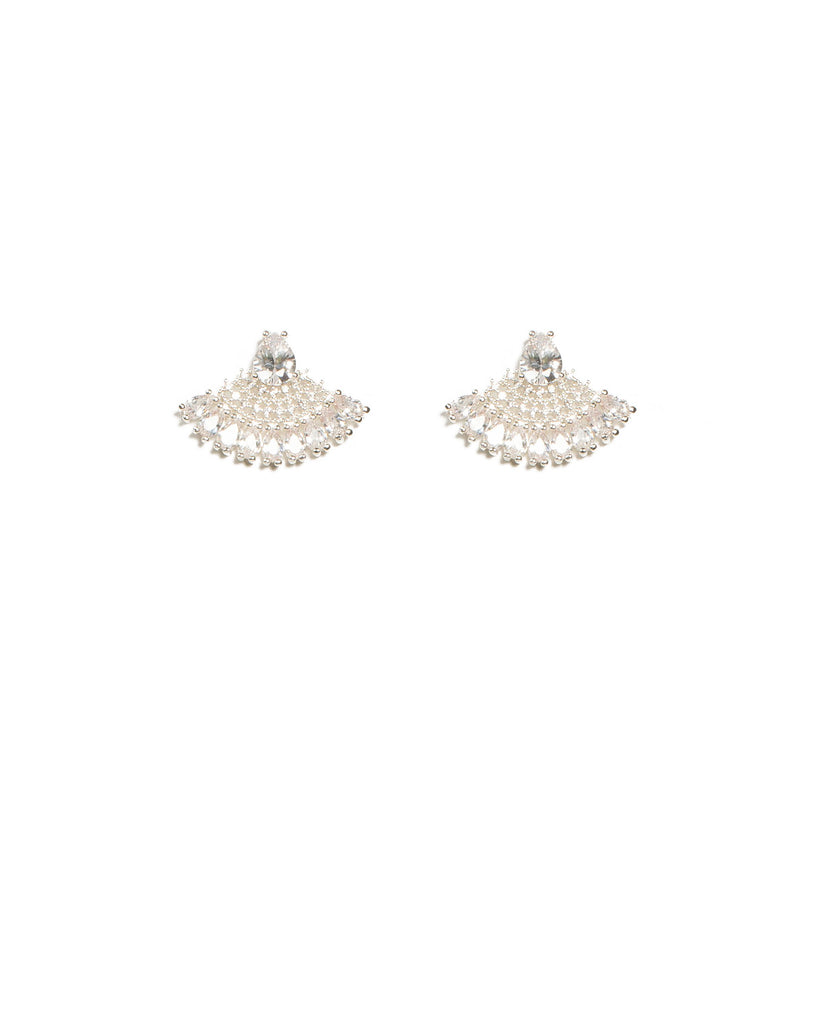 Crystal Silver Tone Diamante Stone Fan Stud Earrings