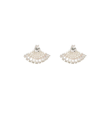 Crystal Silver Tone Diamante Stone Fan Stud Earrings
