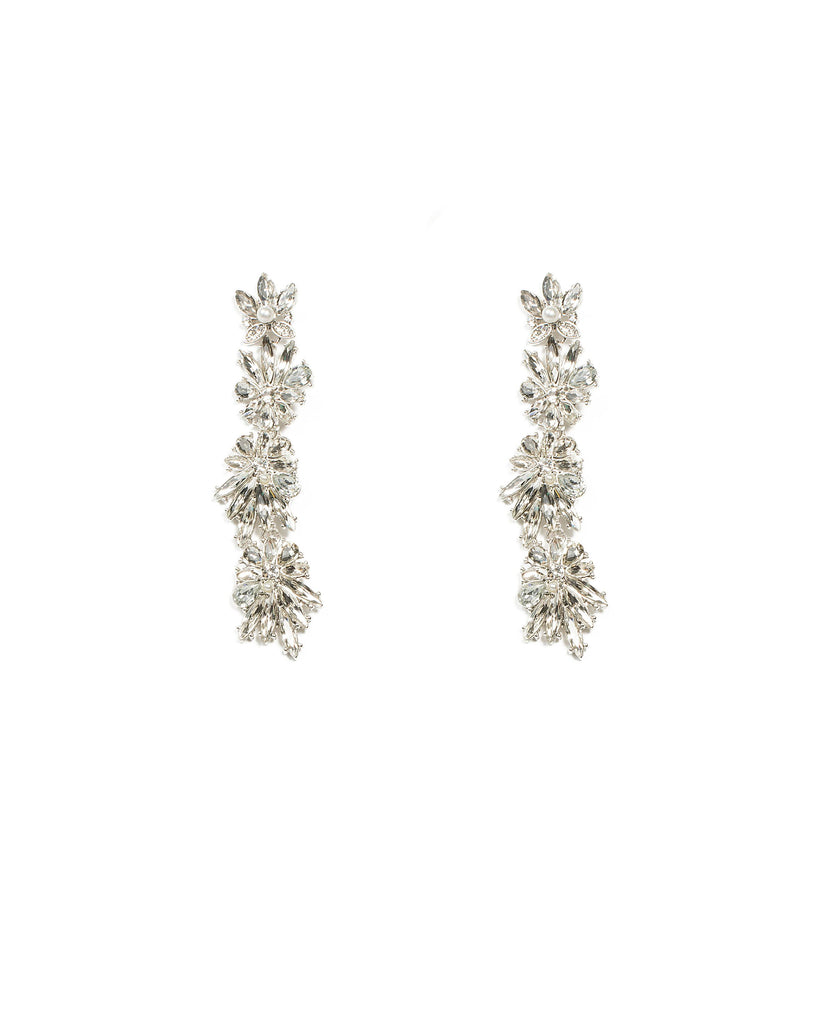 Flower Stone Drop Silver Statement Earrings