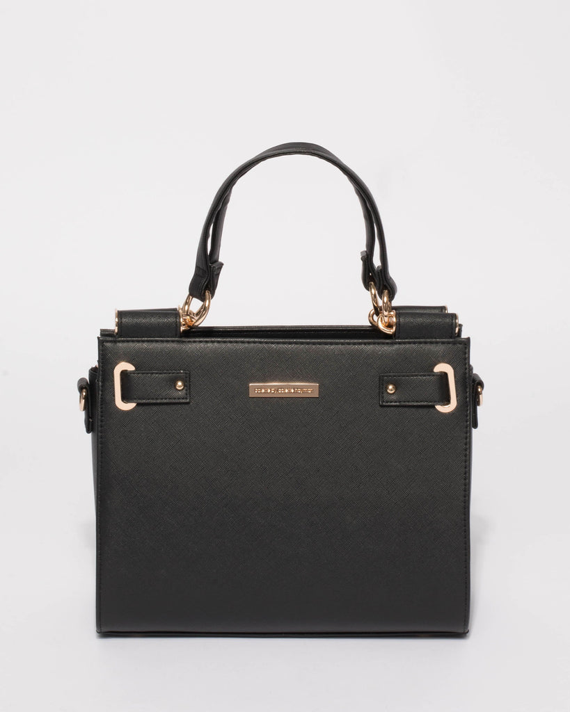 Black Stephanie Square Tote Bag With Gold Hardware