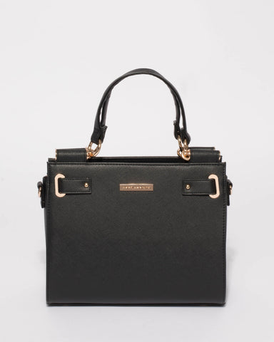 Black Stephanie Square Tote Bag With Gold Hardware