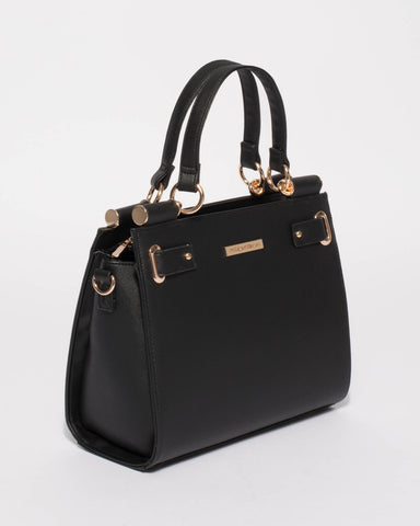 Black Stephanie Square Tote Bag With Gold Hardware
