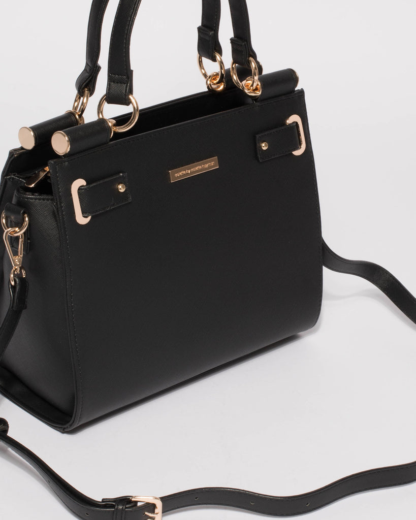 Black Stephanie Square Tote Bag With Gold Hardware