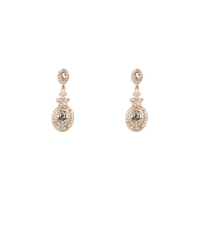 Oval Stone Rose Gold Flower Diamante Earrings