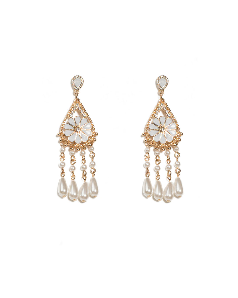Ivory Gold Tone Teardrop Flower Drop Earrings