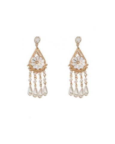 Ivory Gold Tone Teardrop Flower Drop Earrings