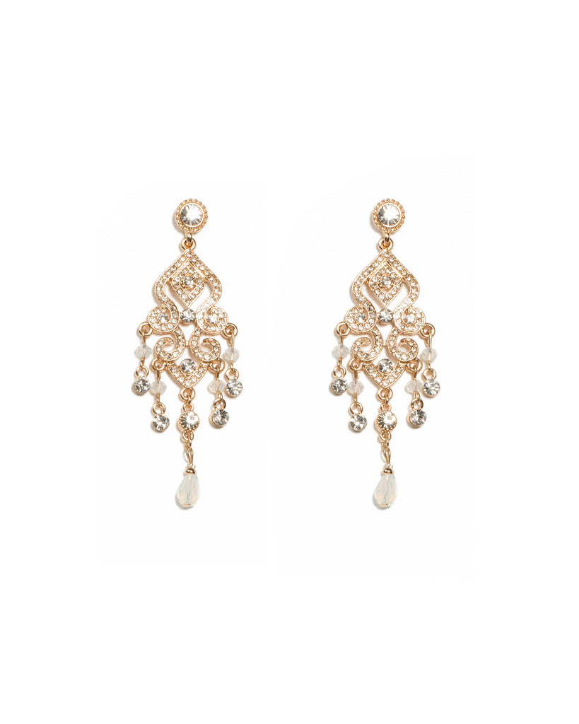 Crystal Gold Tone Diamante Pave Filigree Drop Earrings