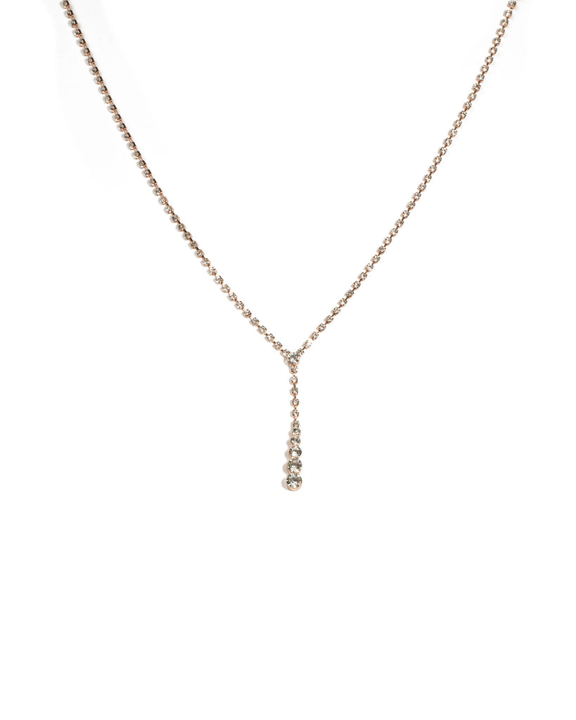 Crystal Rose Gold Tone Round Diamante Stone Gradual Drop Necklace