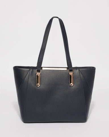 Navy Domi Hardware Tote Bag With Gold Hardware