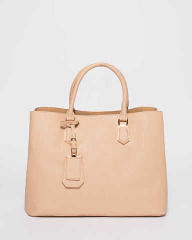 Beige Tori Tag Tote Bag