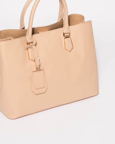 Beige Tori Tag Tote Bag