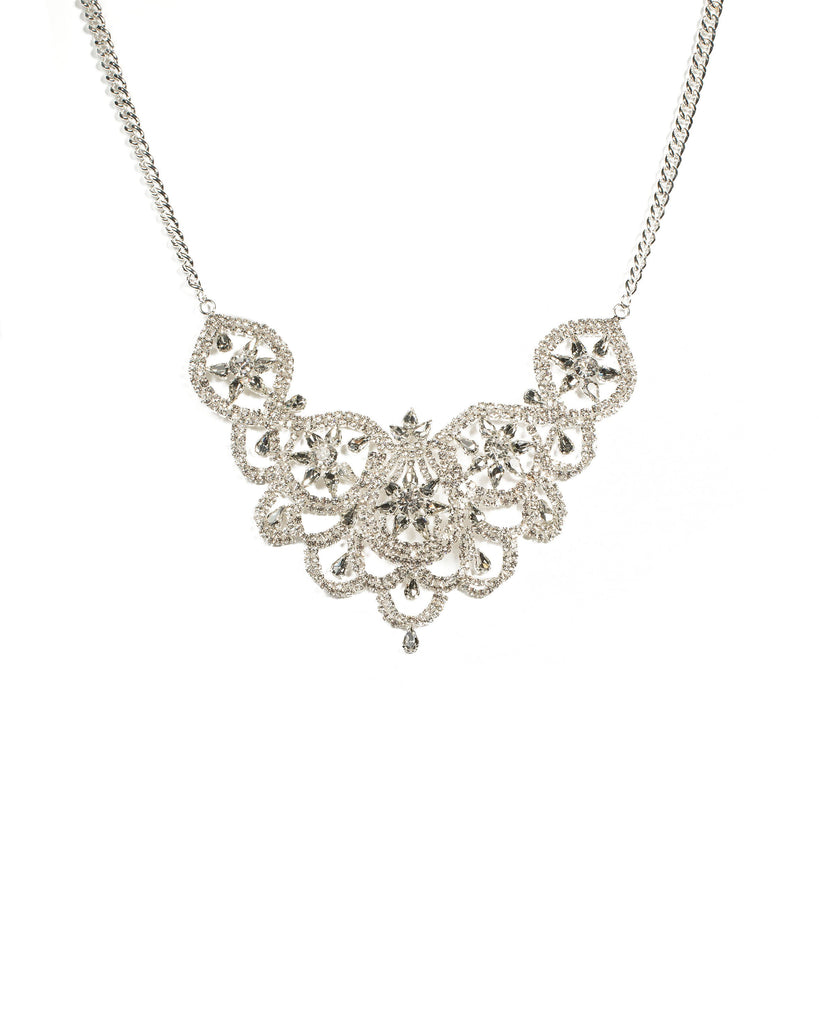 Silver Flower Diamante Statement Necklace