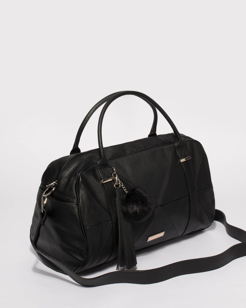 Black Textured Indie Weekender Bag With Gold Hardware