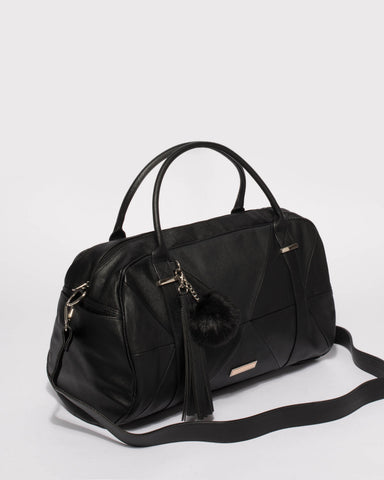 Black Textured Indie Weekender Bag With Gold Hardware