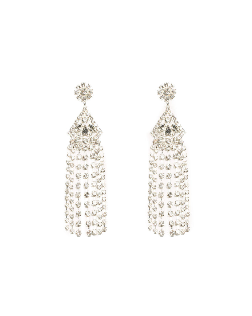 Diamante Long Tassel Silver Statement Earrings