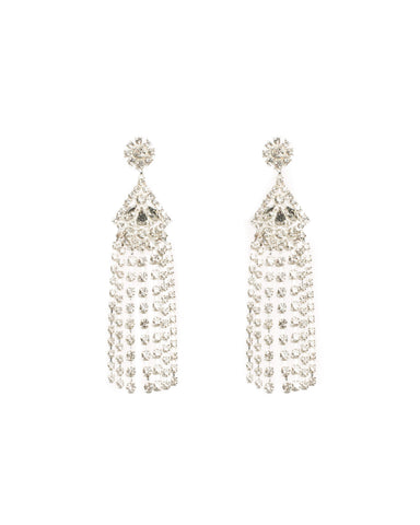 Diamante Long Tassel Silver Statement Earrings