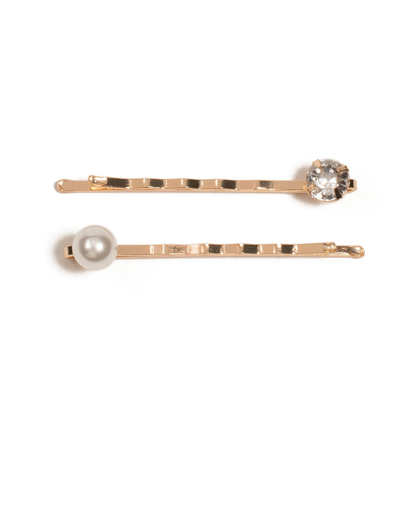 Ivory Gold Tone Pearl And Diamante Hair Pin Set