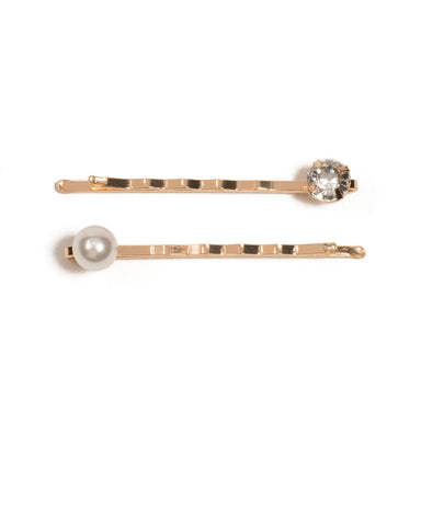 Ivory Gold Tone Pearl And Diamante Hair Pin Set