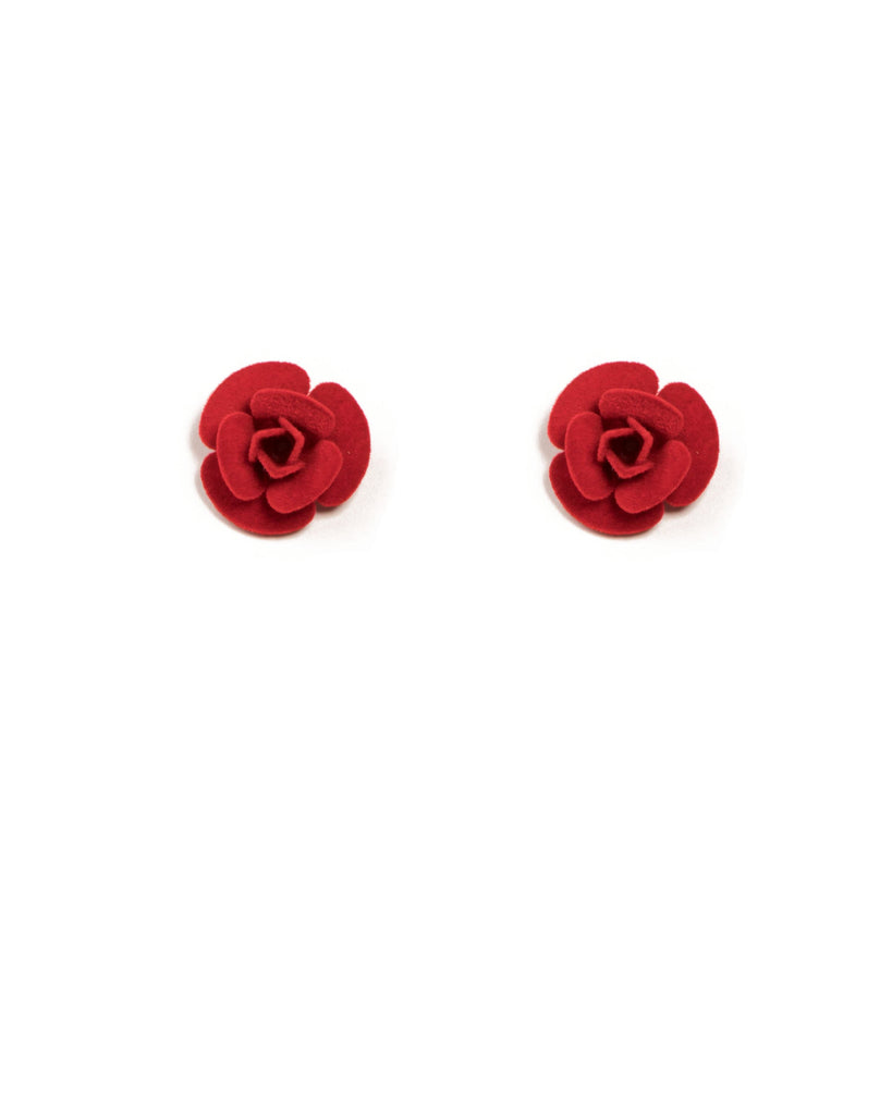 Red Silver Tone Rose Felt Statement Stud Earrings