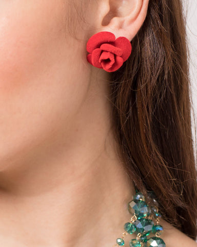 Red Silver Tone Rose Felt Statement Stud Earrings