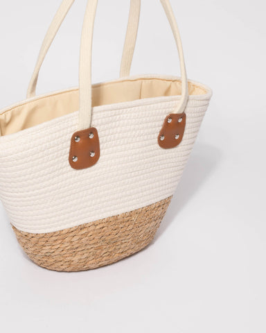 White And Natural Summer Weave Tote Bag