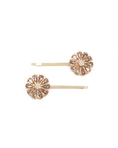 Gold Tone Flower Stone Hair Pin Set