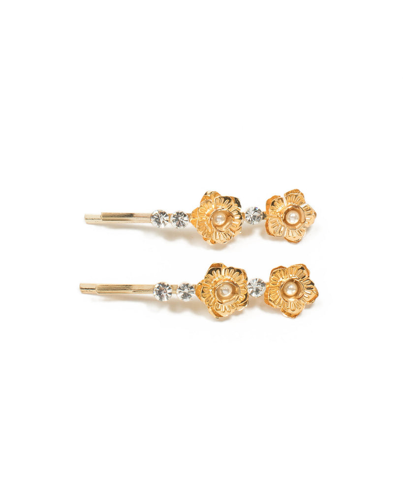 Gold Tone Diamante And Pearl Flower Hair Slide