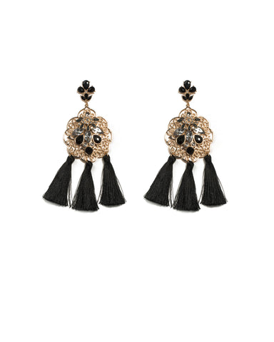 Black Gold Tone Stone And Filigree Statement Drop Earrings