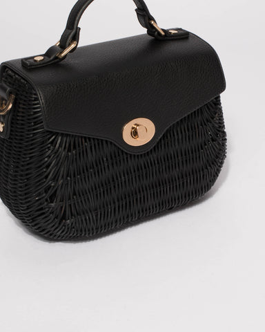 Black Bailey Straw Top Handle Large Crossbody Bag