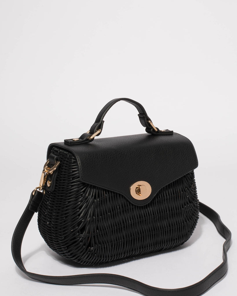 Black Bailey Straw Top Handle Large Crossbody Bag