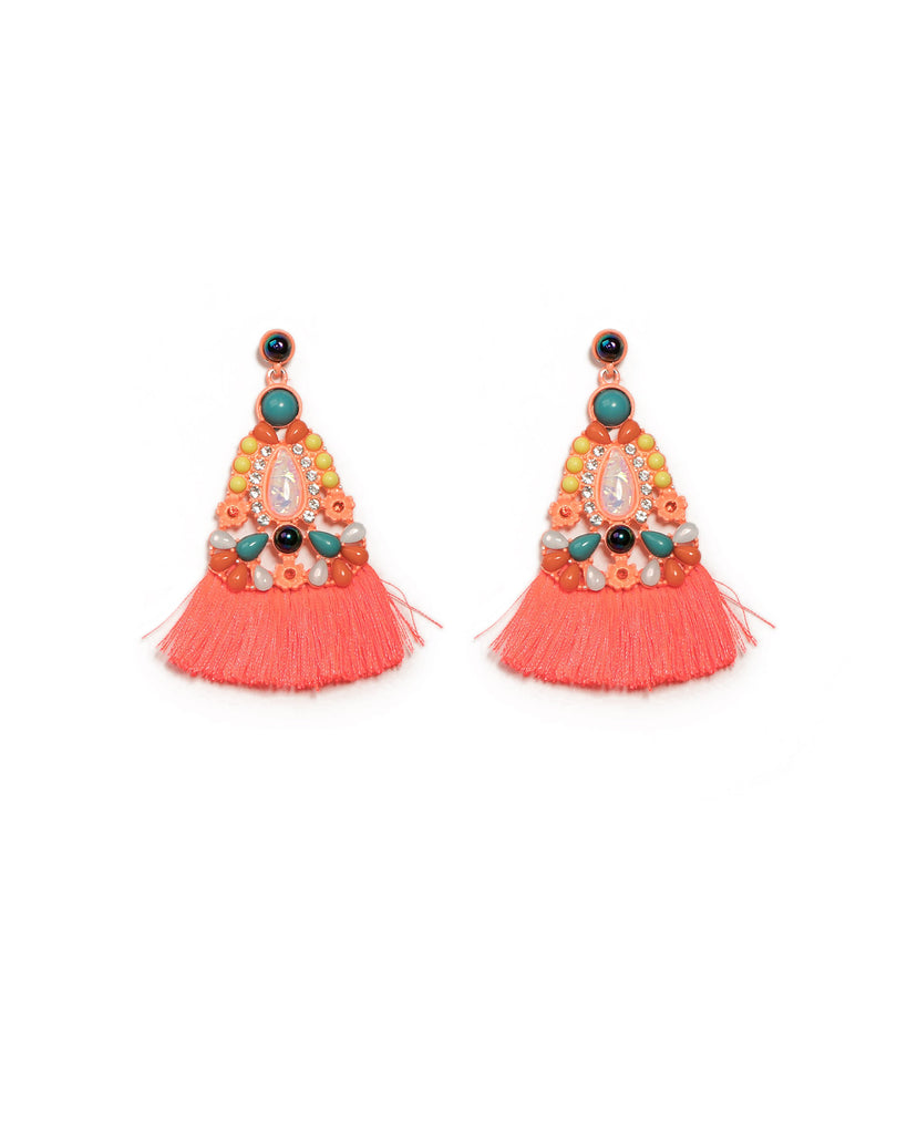 Neon Silver Tone Multi Stone Tassel Statement Earrings
