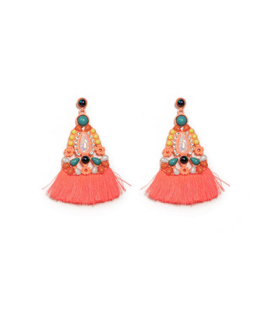 Neon Silver Tone Multi Stone Tassel Statement Earrings