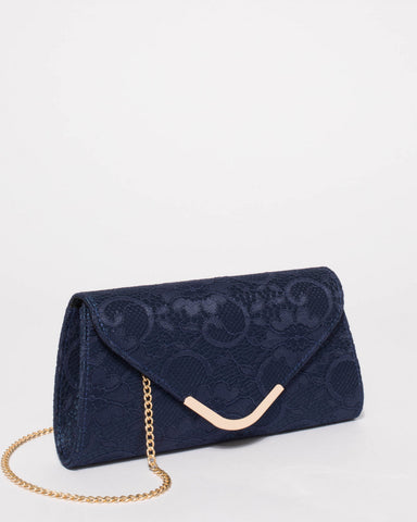Navy Lace Kelsey Evening Clutch Bag