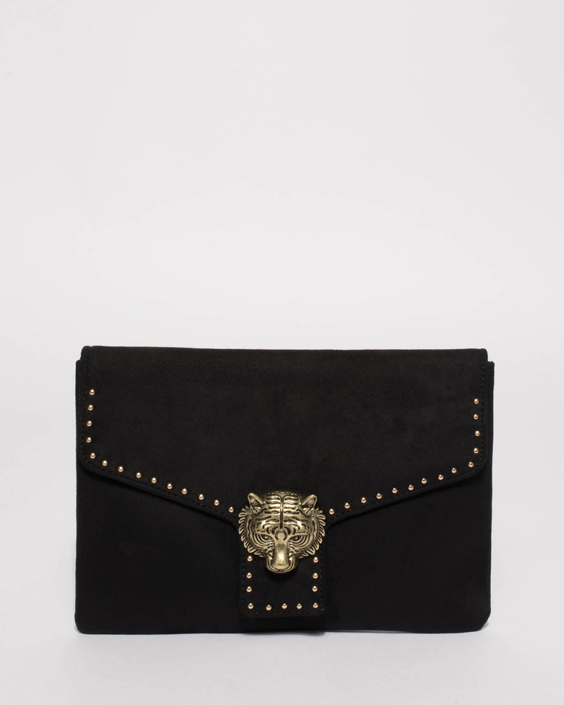 Black Suedette Tiger Face Stud Clutch Bag