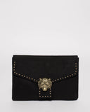Black Suedette Tiger Face Stud Clutch Bag