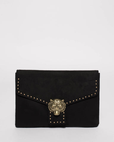 Black Suedette Tiger Face Stud Clutch Bag