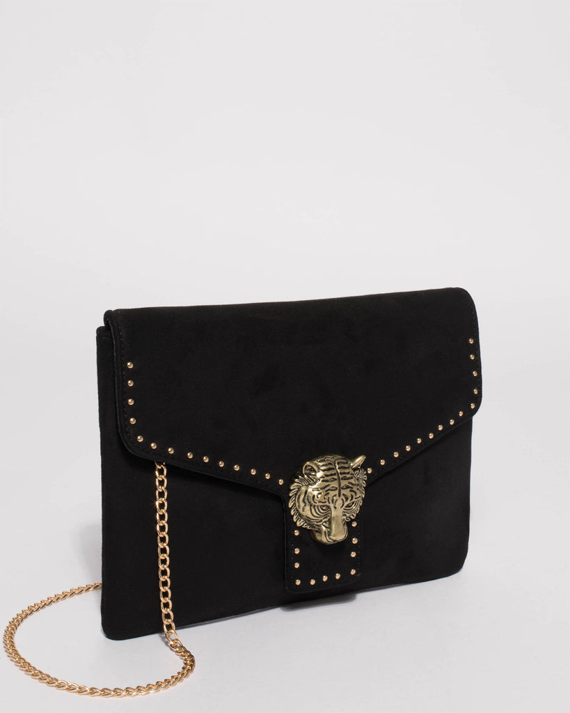 Black Suedette Tiger Face Stud Clutch Bag