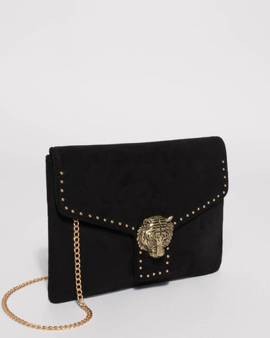 Black Suedette Tiger Face Stud Clutch Bag