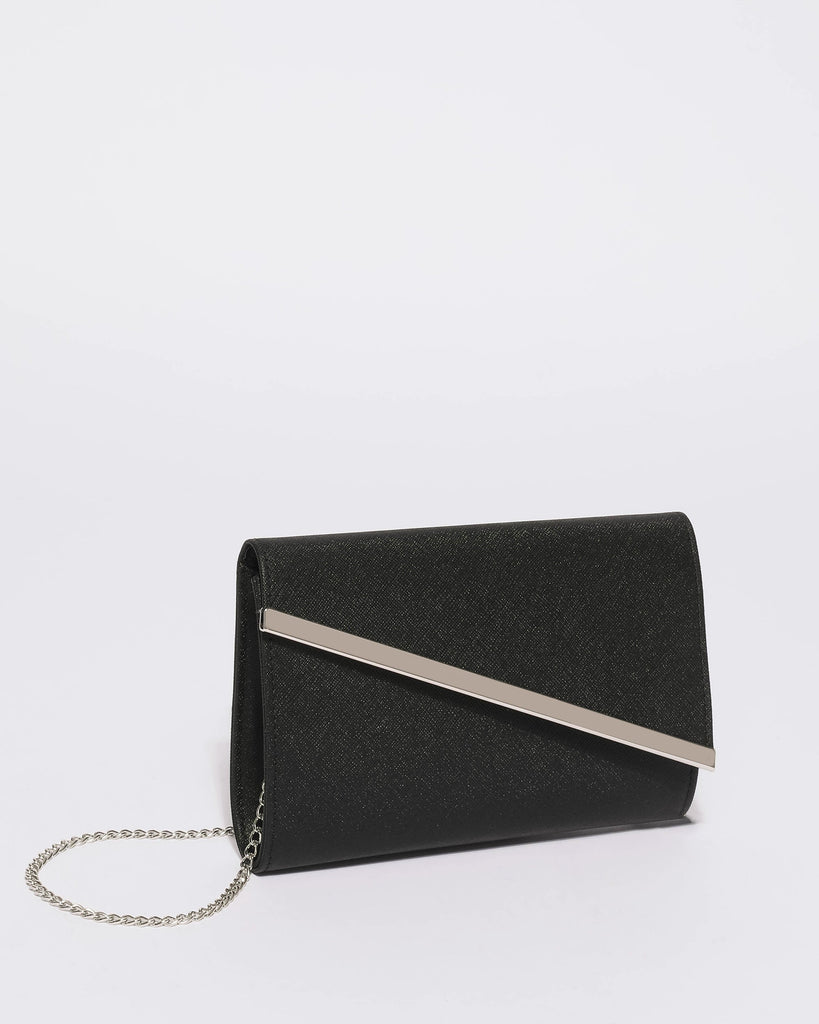 Black Mini Hannah Diagonal Clutch Bag With Silver Tone Hardware