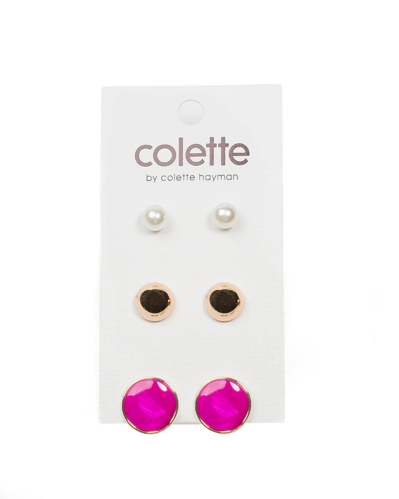 Fuschia Gold Tone Stud And Pearl Earring Pack
