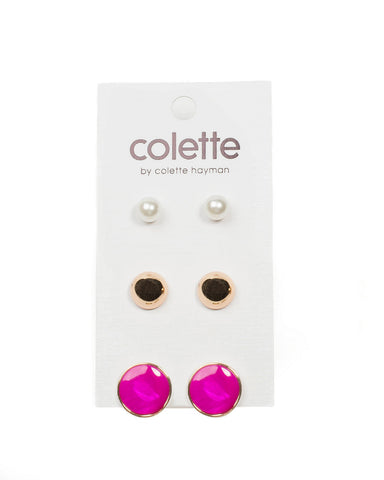 Fuschia Gold Tone Stud And Pearl Earring Pack