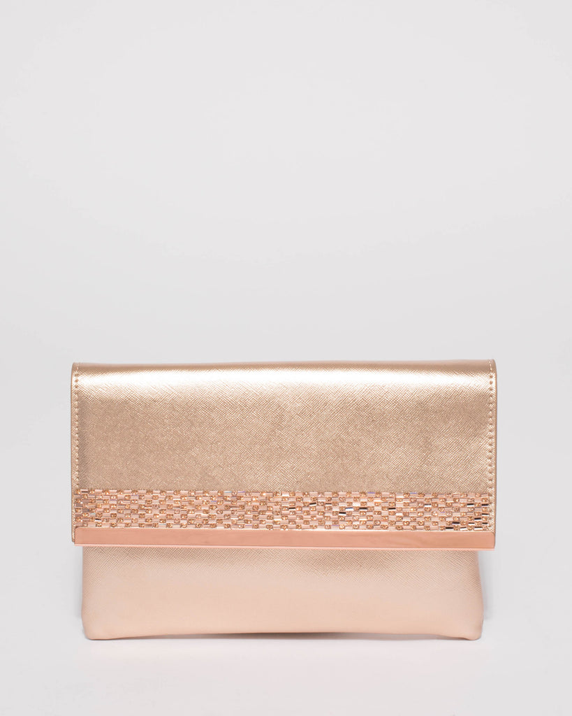 Rose Gold Glam Panel Clutch With Rose Gold Hardware