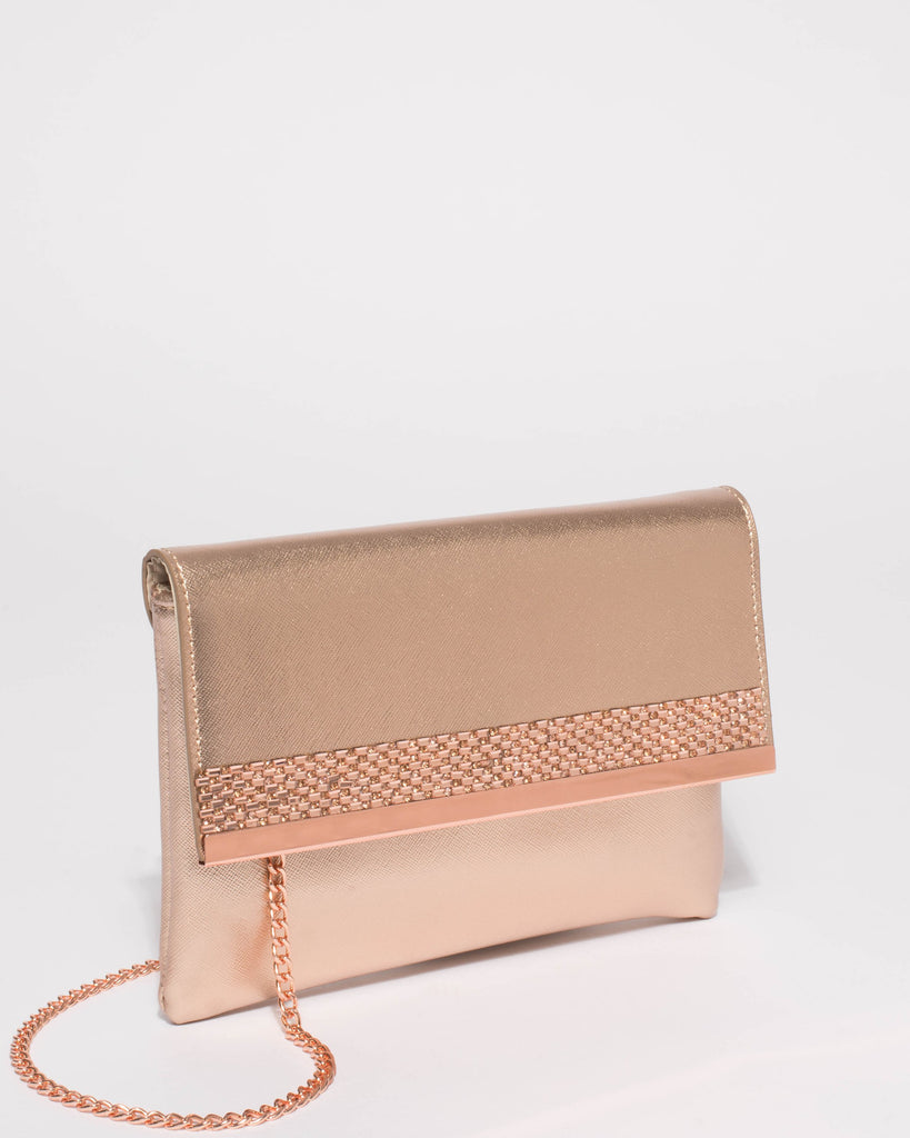 Rose Gold Glam Panel Clutch With Rose Gold Hardware